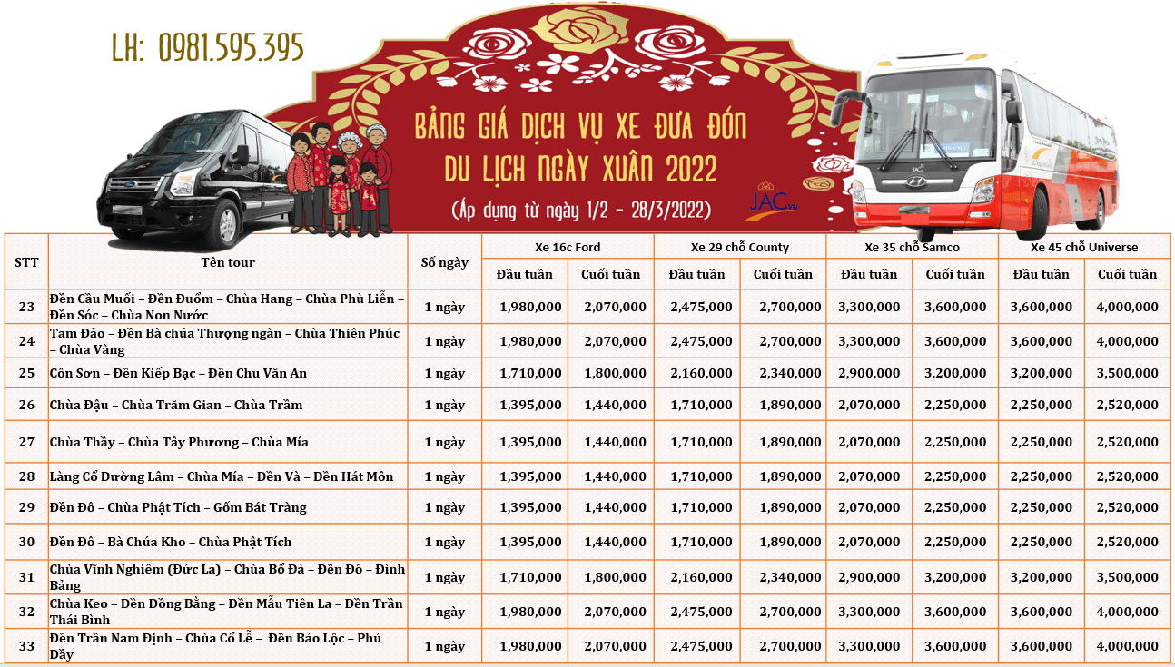 Bảng giảm giá Thuê xe Hà Nội - Chùa Ba Vàng - Yên Tử và một số địa điểm lễ hội khác tại JAC