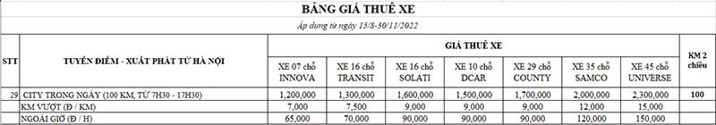 Bảng giá tham khảo dịch vụ thuê xe du lịch Hà Nội tại JAC
